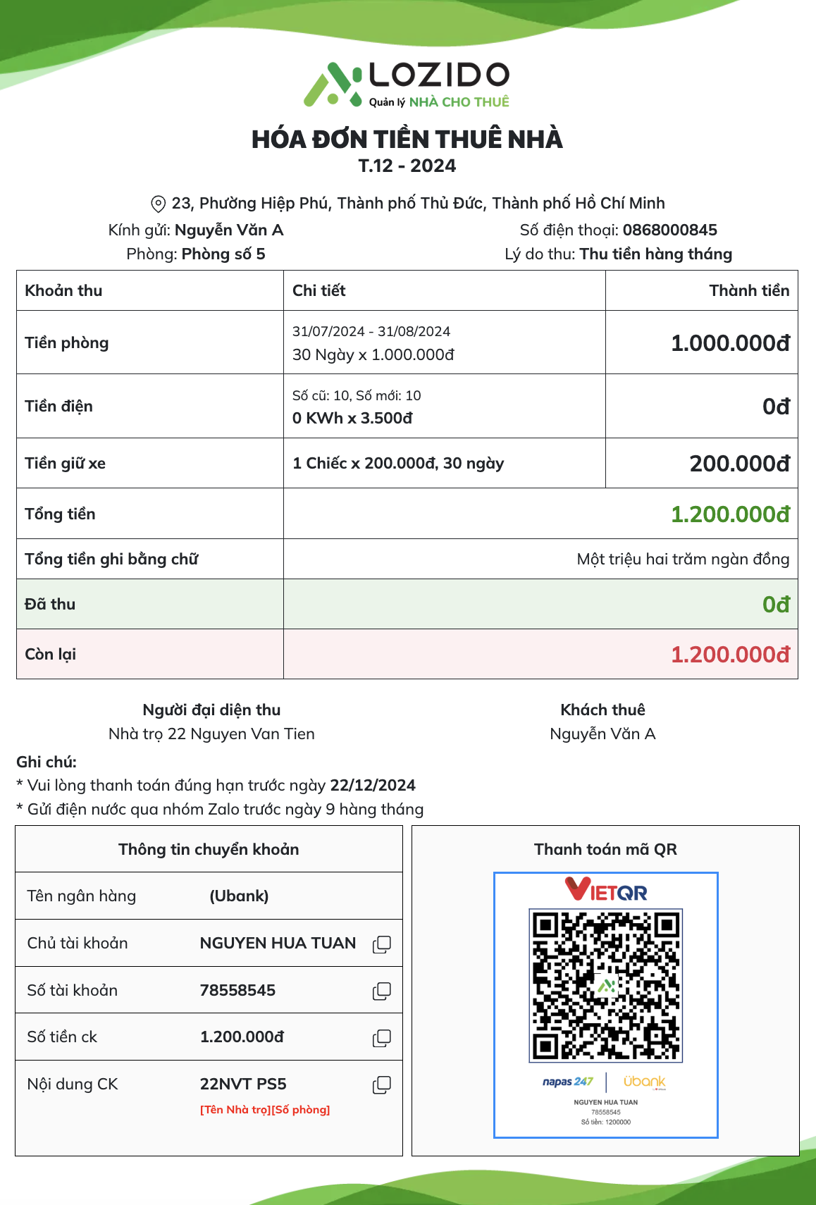 hóa đơn thu tiền phòng